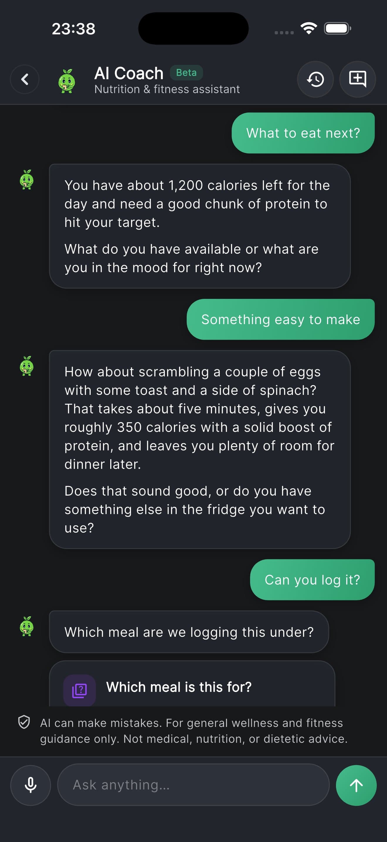 An AI coach conversation: asked what to eat next it answers that about 1,200 calories are left, suggests scrambled eggs with toast and spinach at roughly 350, and then offers to log it.