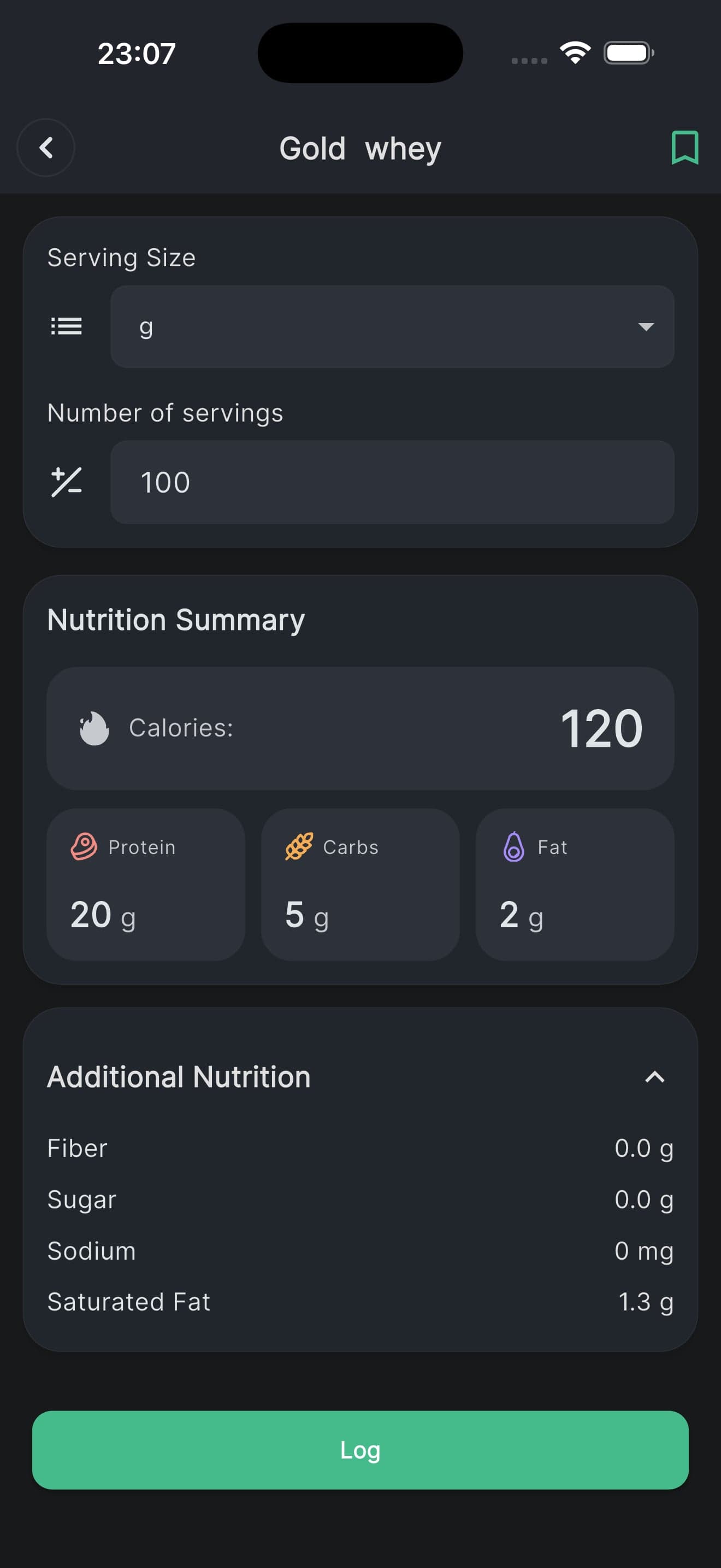 A scanned Gold whey label resolved to 120 calories for a 100 g serving, with 20 g protein, 5 g carbs and 2 g fat, and fibre, sugar, sodium and saturated fat listed underneath.