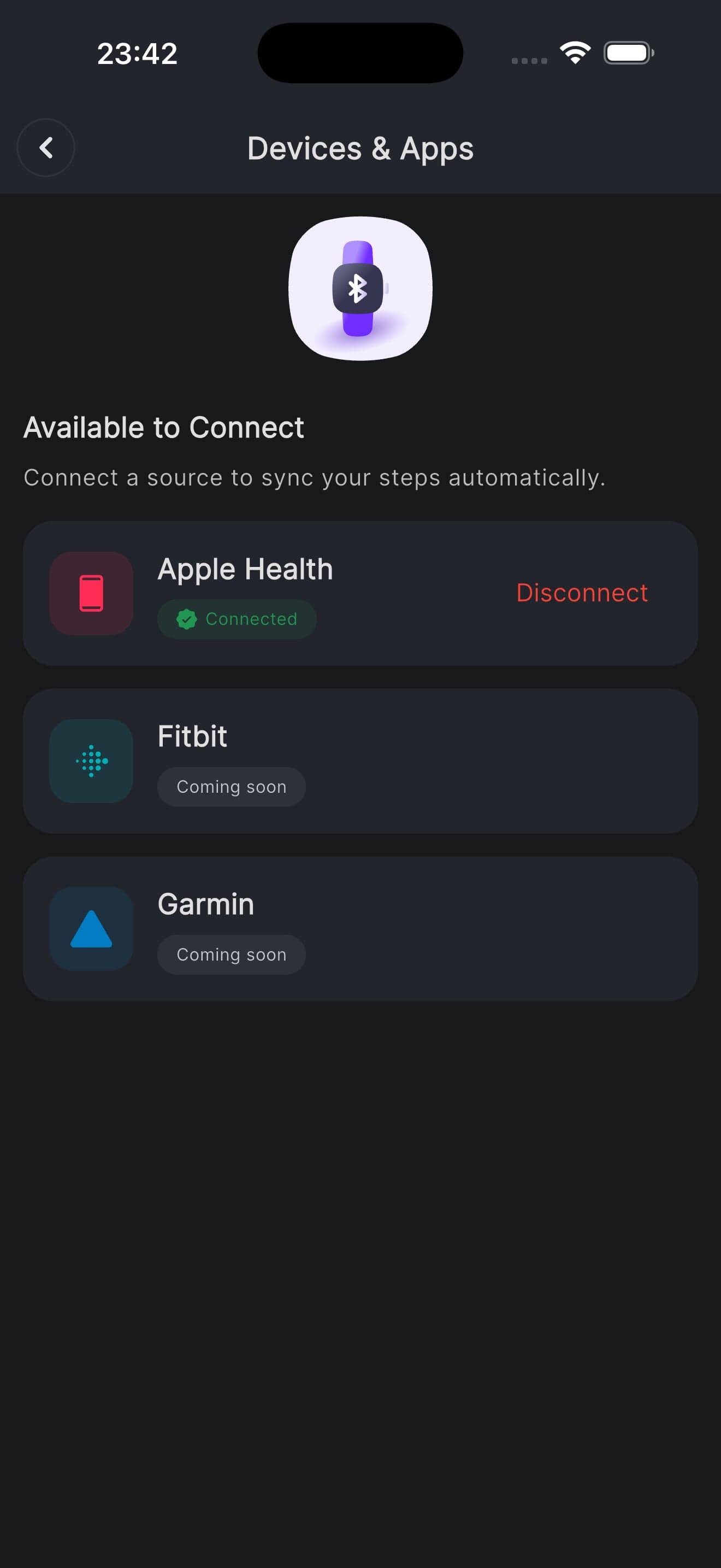 The devices and apps screen with Apple Health already connected to sync steps automatically, and Fitbit and Garmin listed as coming soon.
