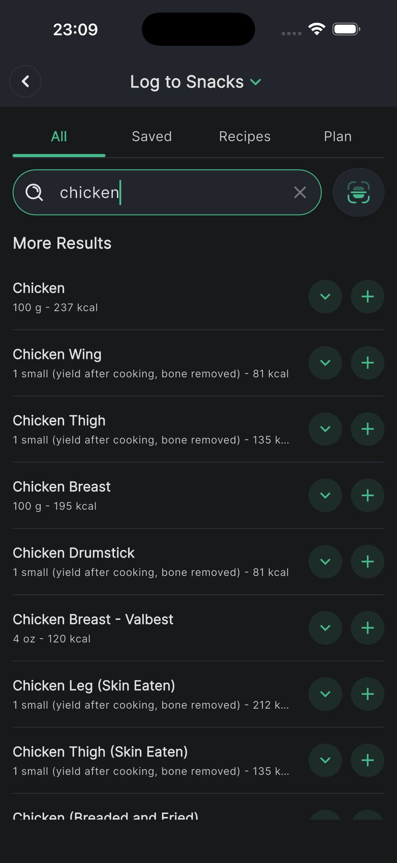A food search for chicken returning plain chicken at 237 kcal per 100 g, then wing, thigh, breast and drumstick entries, each with its own serving size and calorie count.