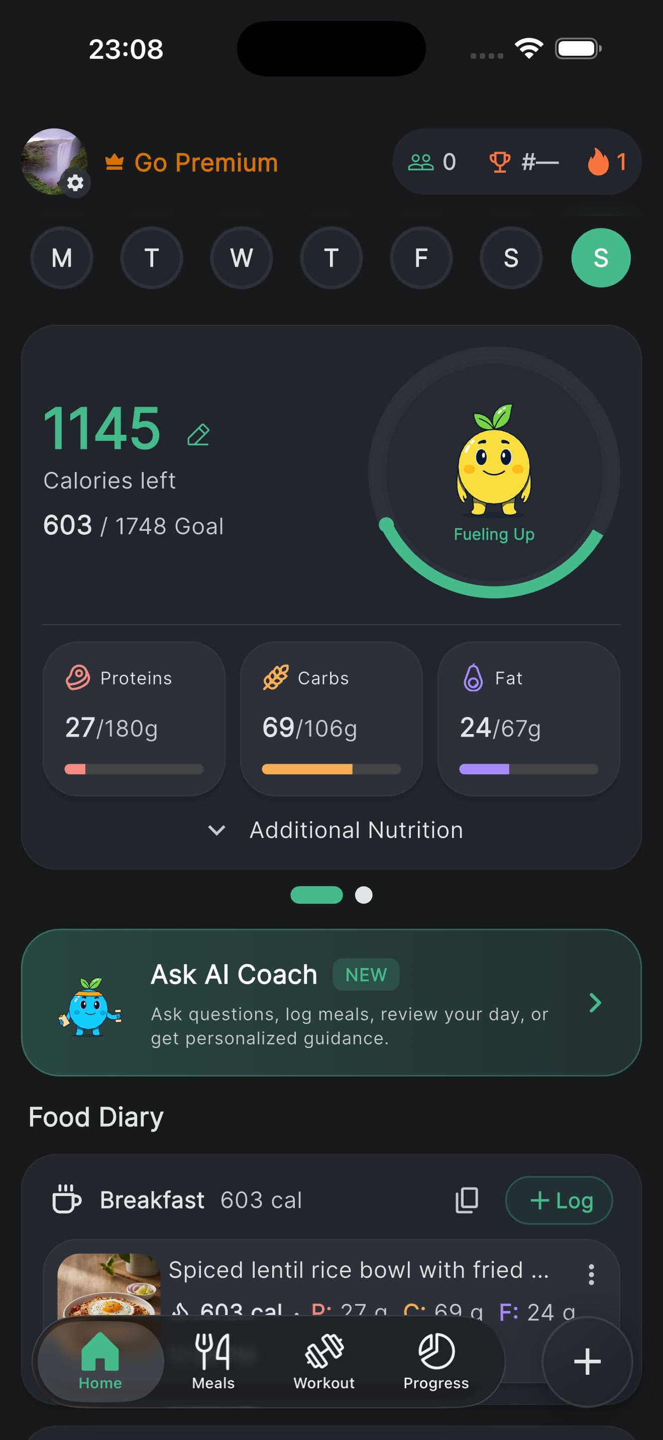 The Calorii home screen: 1145 calories left of a 1748 goal with 603 eaten, protein, carb and fat bars, the mascot cheering Fueling Up, an Ask AI Coach card, and breakfast logged in the food diary.