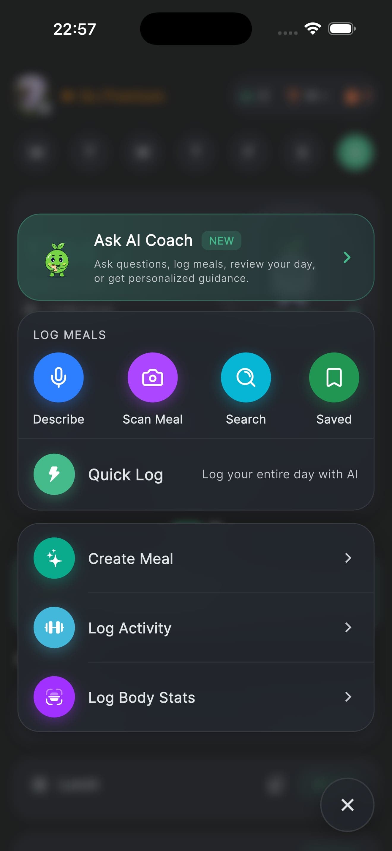 The log sheet offering Describe, Scan Meal, Search and Saved shortcuts, a Quick Log row promising to log your entire day with AI, and Create Meal, Log Activity and Log Body Stats beneath it.