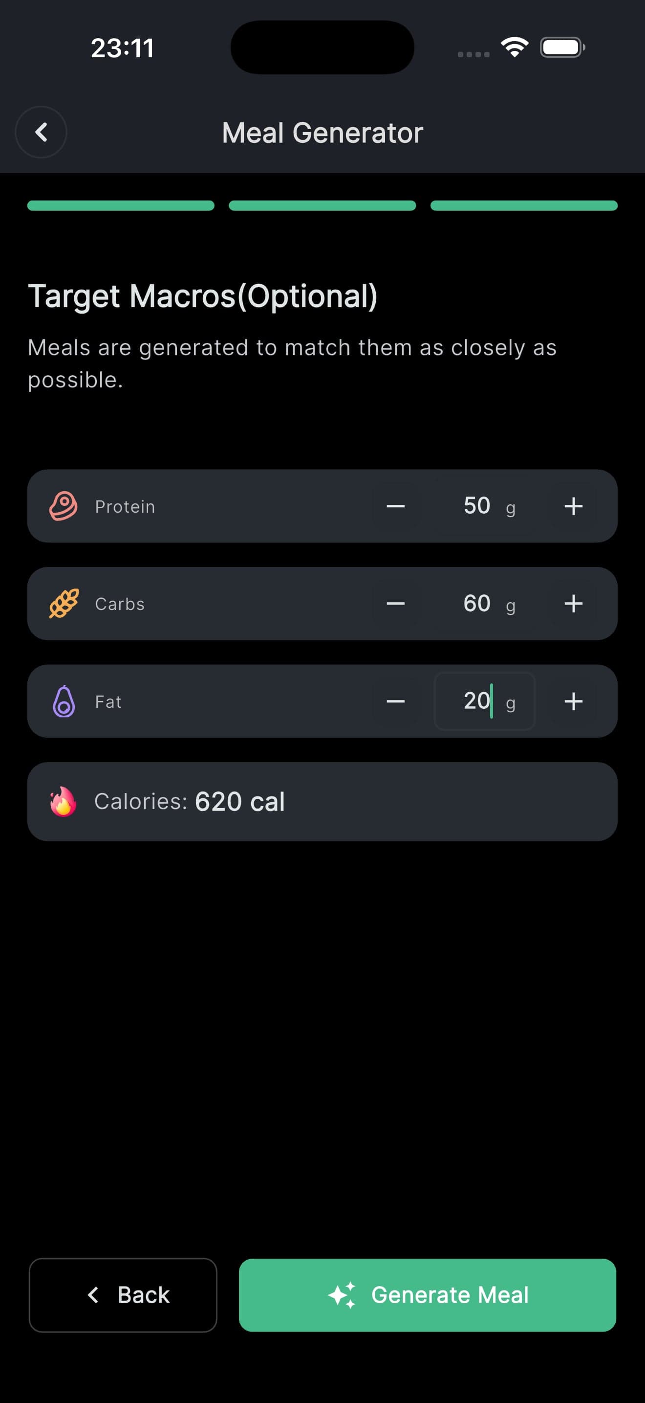 The meal generator's target macros step, set to 50 g protein, 60 g carbs and 20 g fat for a 620 calorie meal, above a Generate Meal button.