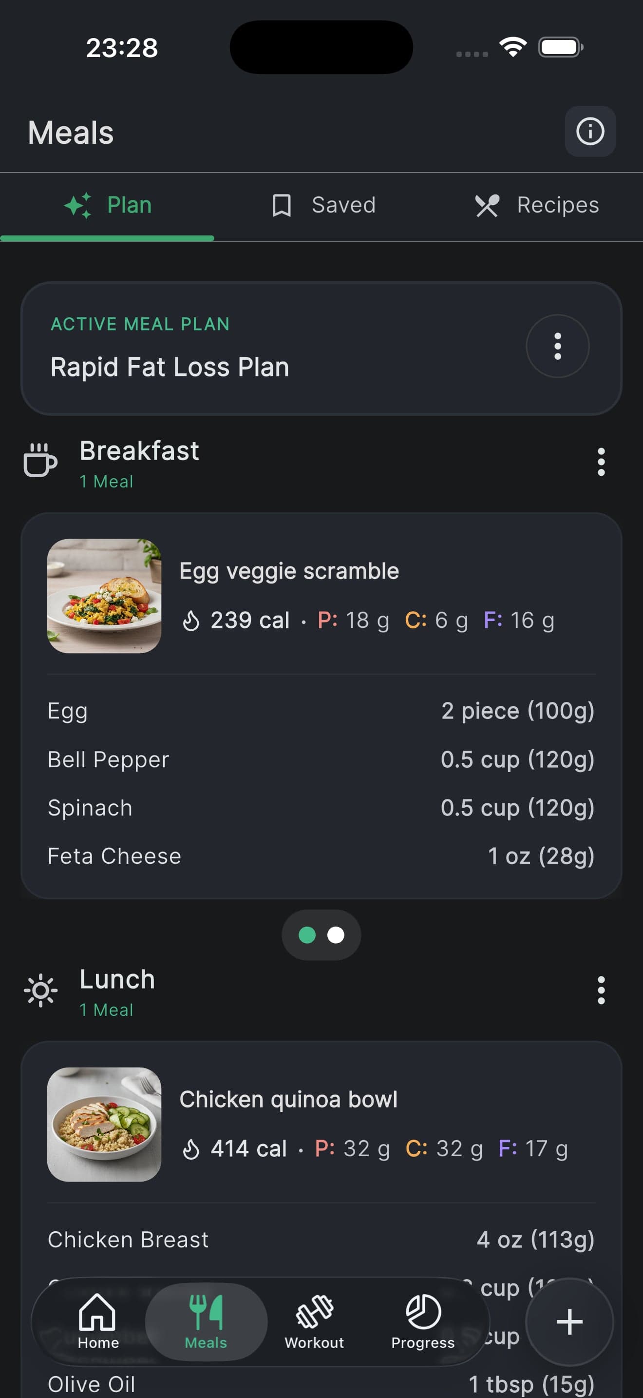 The meal plan tab running an active Rapid Fat Loss Plan, breakfast set to a 239 calorie egg veggie scramble and lunch to a 414 calorie chicken quinoa bowl, each broken down to the gram.
