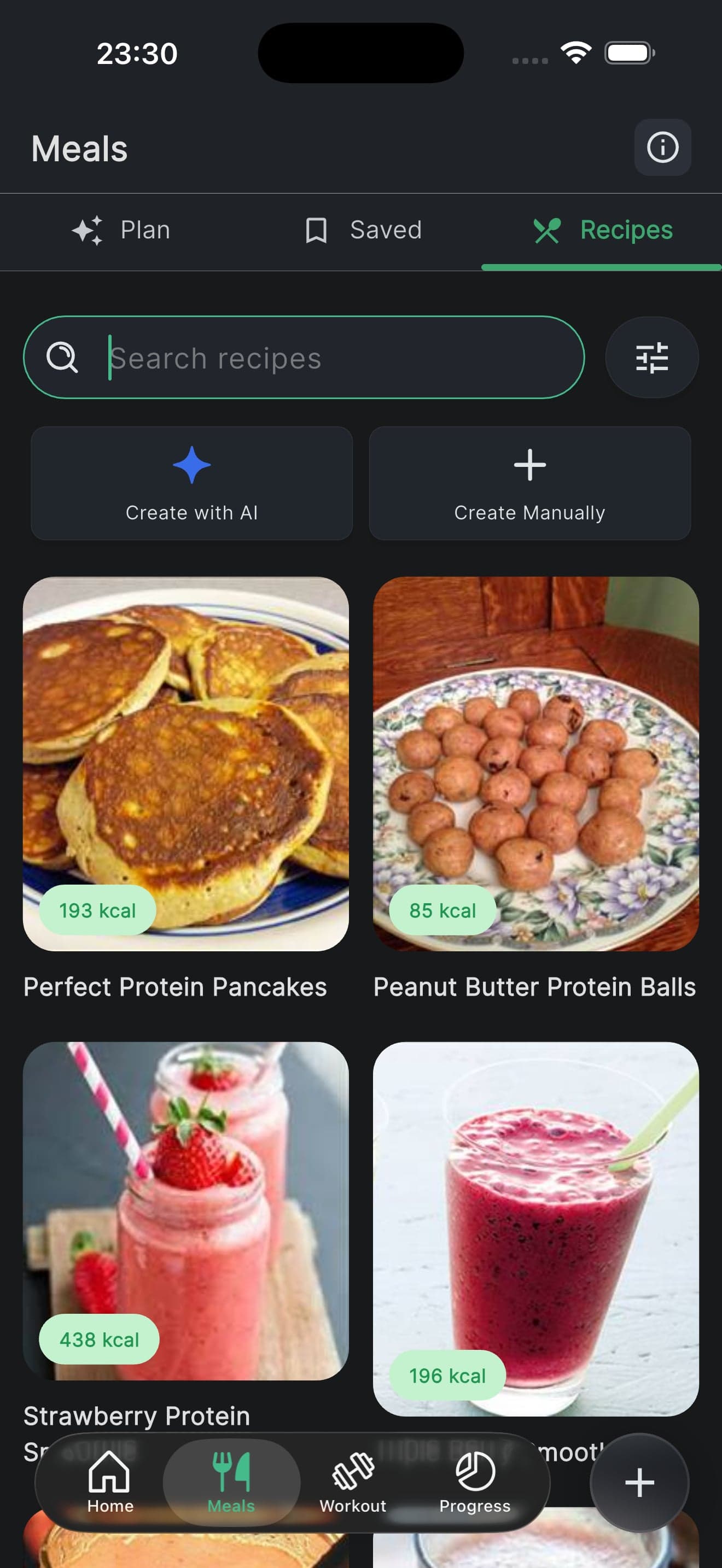 The recipe library with Create with AI and Create Manually buttons above a grid of recipes - protein pancakes at 193 kcal, peanut butter protein balls at 85, smoothies at 438 and 196.