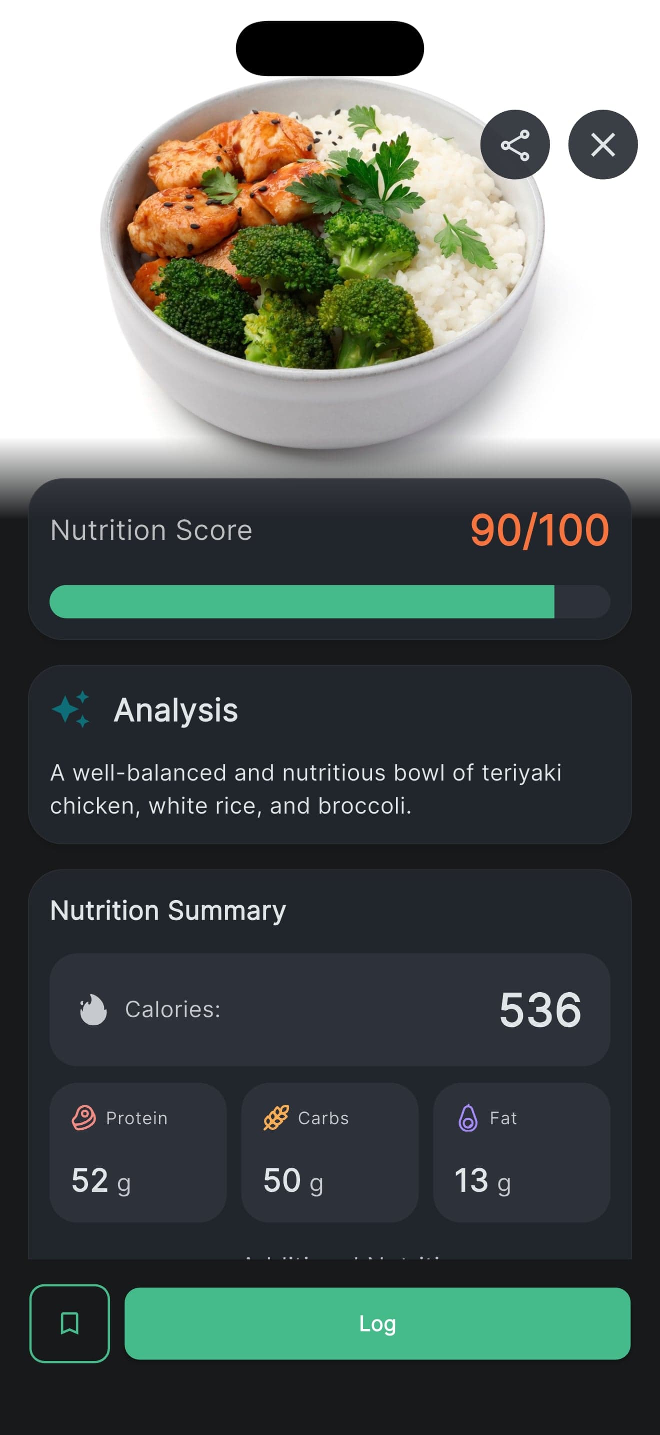 A photographed teriyaki chicken, rice and broccoli bowl scoring 90 out of 100 for nutrition at 536 calories, with 52 g protein, 50 g carbs and 13 g fat, above a Log button.
