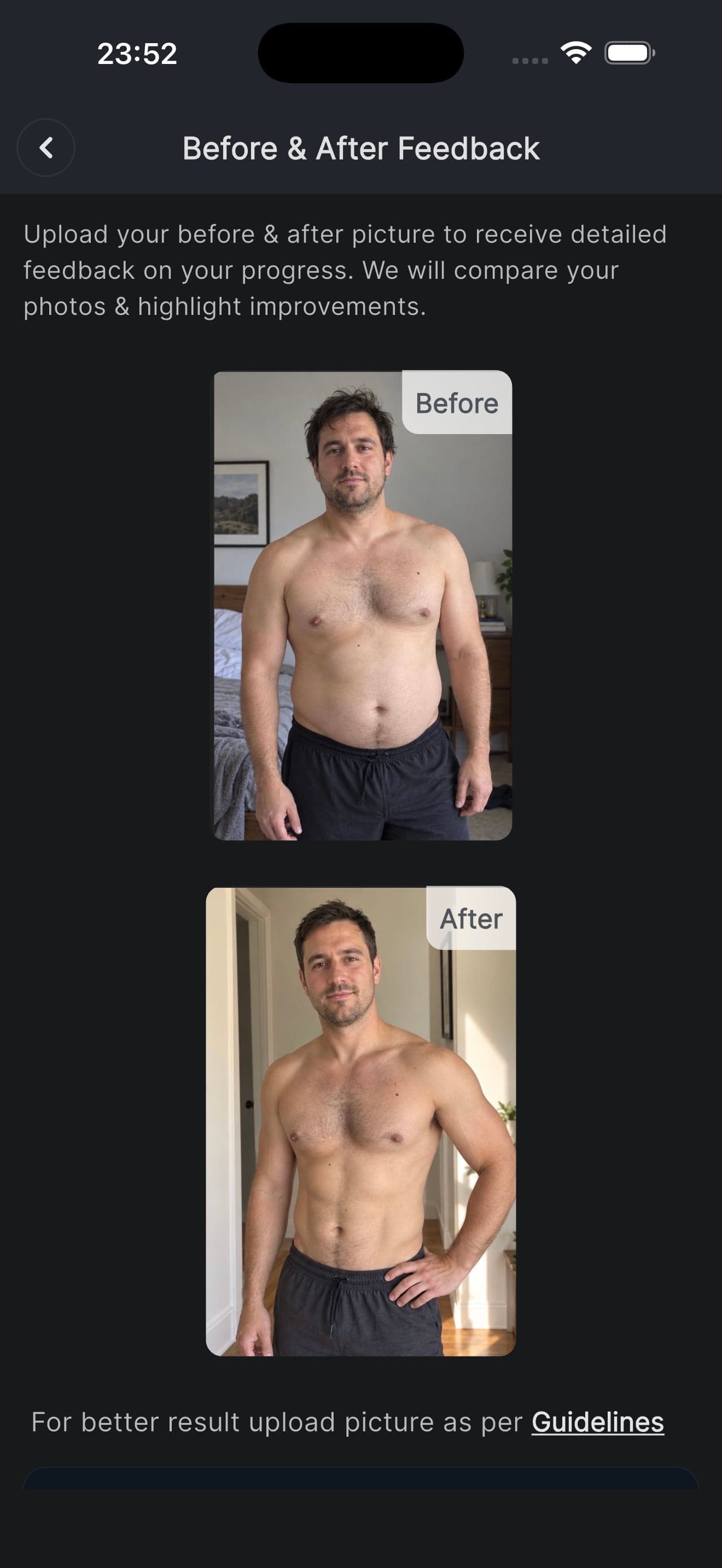 The before and after feedback screen with two photos of the same person stacked for comparison, the earlier one softer around the middle and the later one visibly leaner.