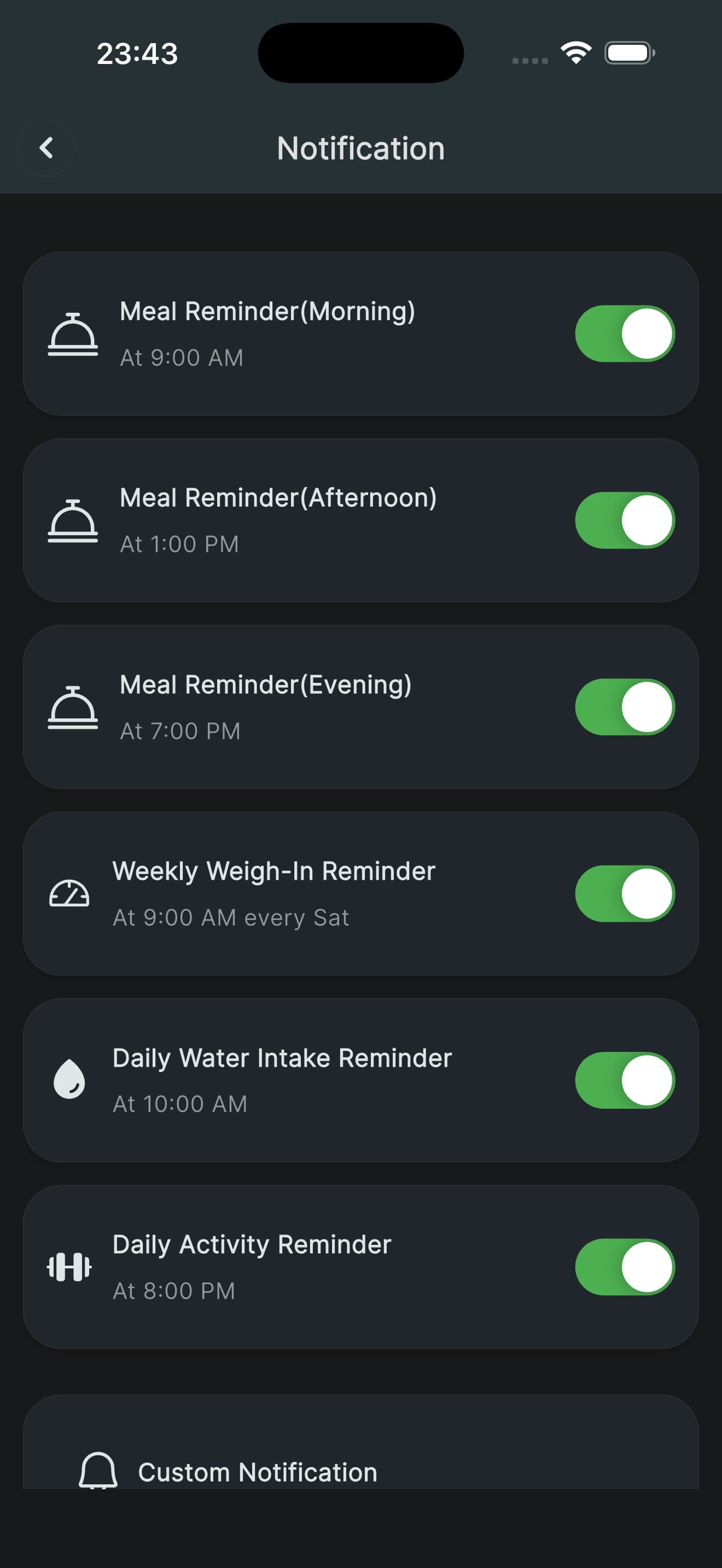 The notification settings with morning, afternoon and evening meal reminders switched on, plus a Saturday weigh-in, a daily water intake reminder and a daily activity reminder.