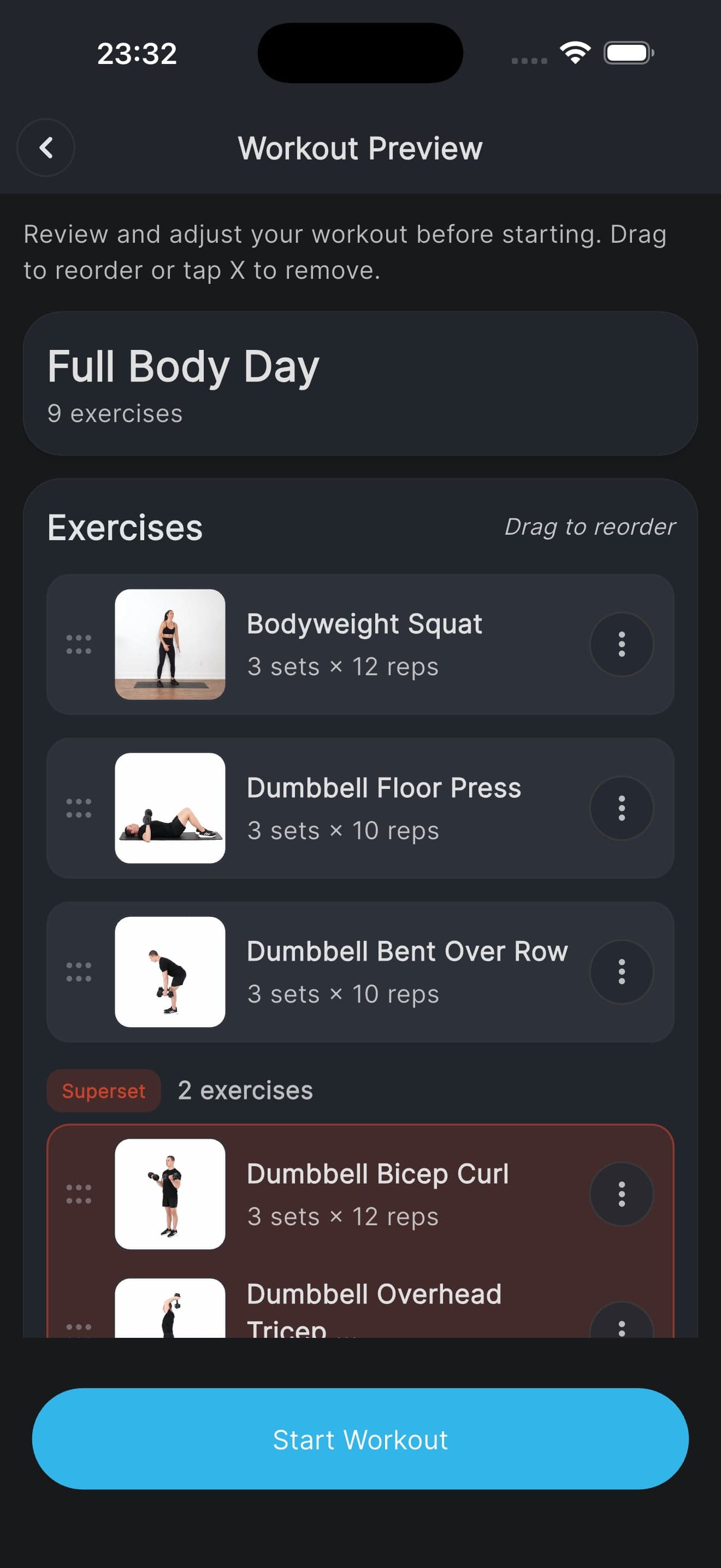 A Full Body Day preview listing its nine exercises - bodyweight squat, dumbbell floor press, bent over row, and a bicep curl superset - each with its sets and reps, draggable to reorder before starting.