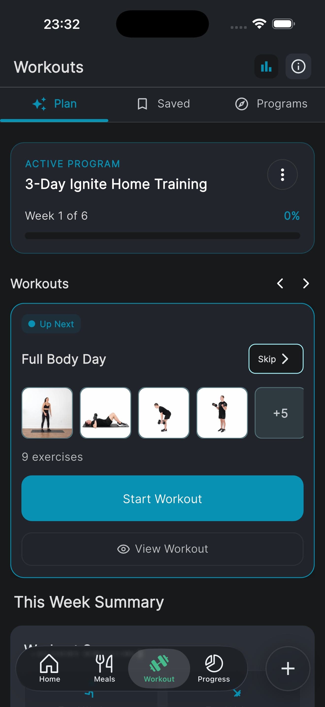 The workout plan tab running an active 3-Day Ignite Home Training program in week 1 of 6, with a Full Body Day of nine exercises queued up next and a summary of the week below.
